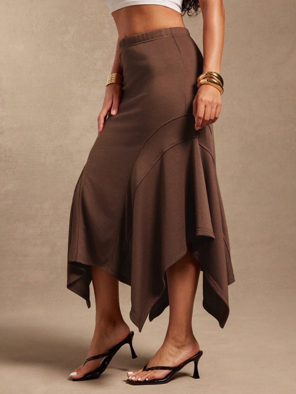 Brown Casual Women's Lightweight Handkerchief Hem Midi Skirt - Picture 5 of 5